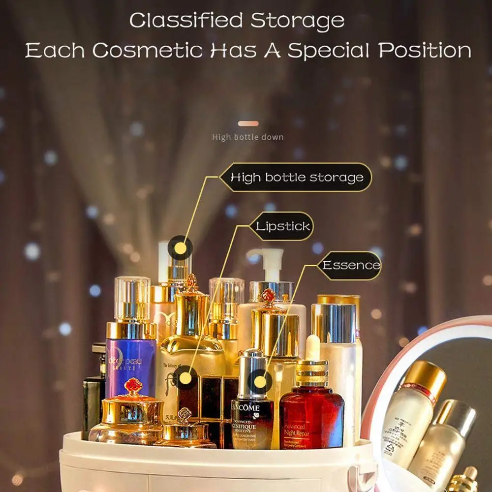 Makeup Organizer With Led Mirror Dustproof Detachable Cosmetic Storage