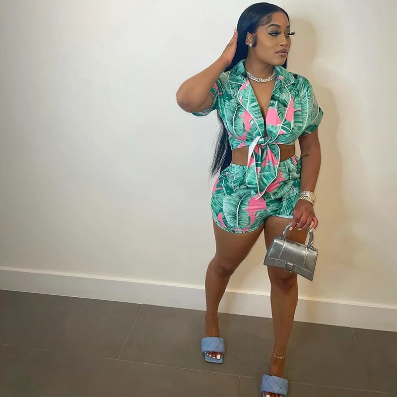 

H7638 - 2021 new arrival fashion casual short sleeve printed woman short pants two piece set