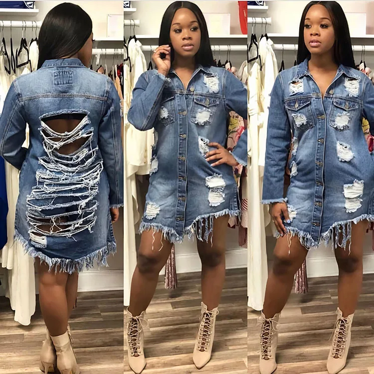 

New Fashion Women's Hole Patch Denim Ripped Jeans Distressed Denim Long Jacket Coat Outwear, Plaid