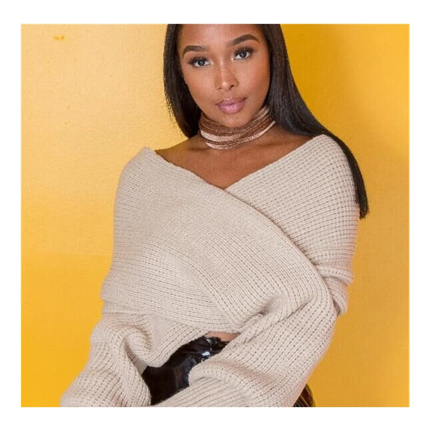 

Fall Winter Women Strapless Solid Color Tops Knitted Jumper Ladies Crop Sweater, Picture color