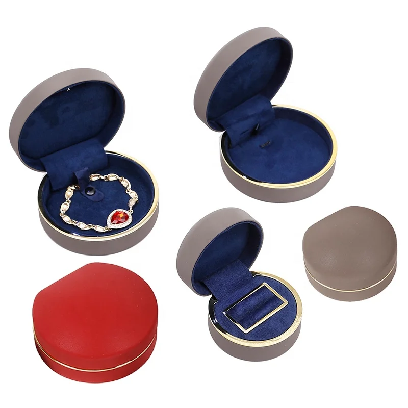 

New style circular arc pu leather jewelry ring pendant bangle necklace box with LED light, Red,blue,gray,pantone as well as cmyk