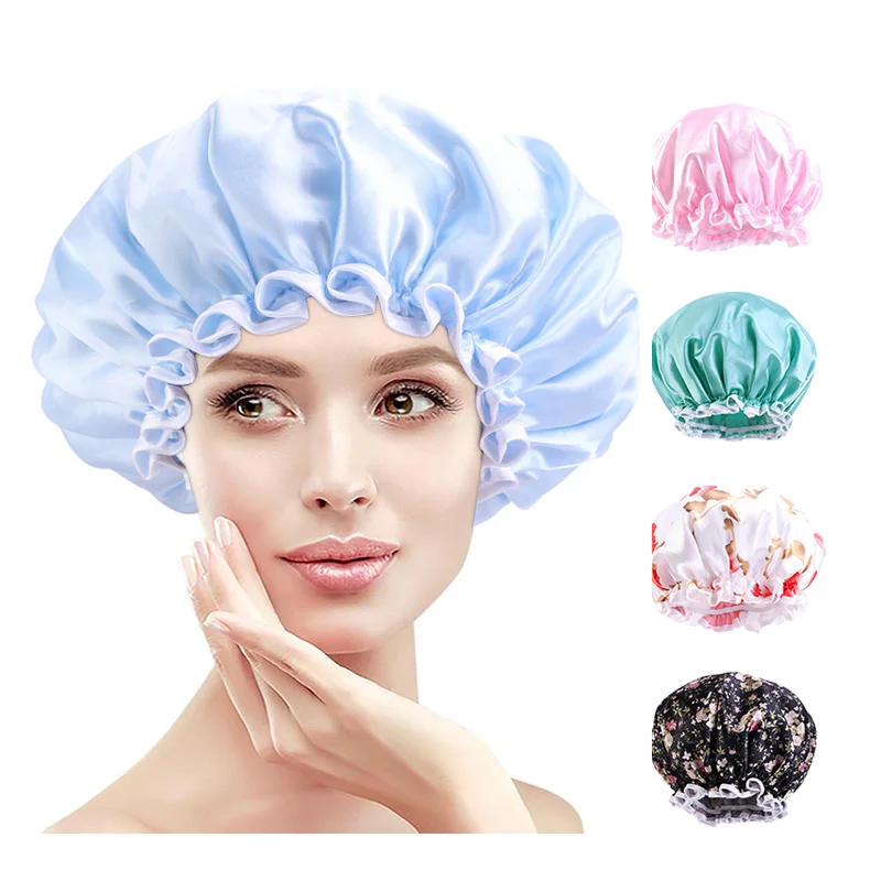 

Waterproof Satin Lined Extra Large Water Proof Shower Cap Dual Layer PE Fabric Bath Hat Bath Accessories For Women