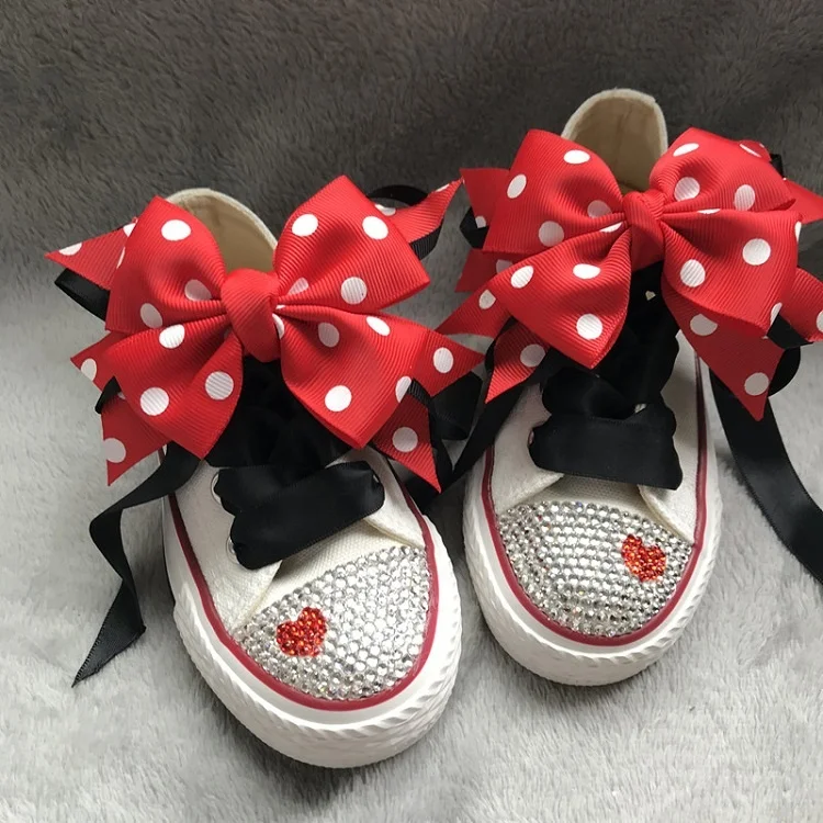 

Red Polka Dot Large Bow Soft Sole High Top Bling Infant Canvas Denim Shoes First Walkers Baby Girl Sneaker, Red /custom