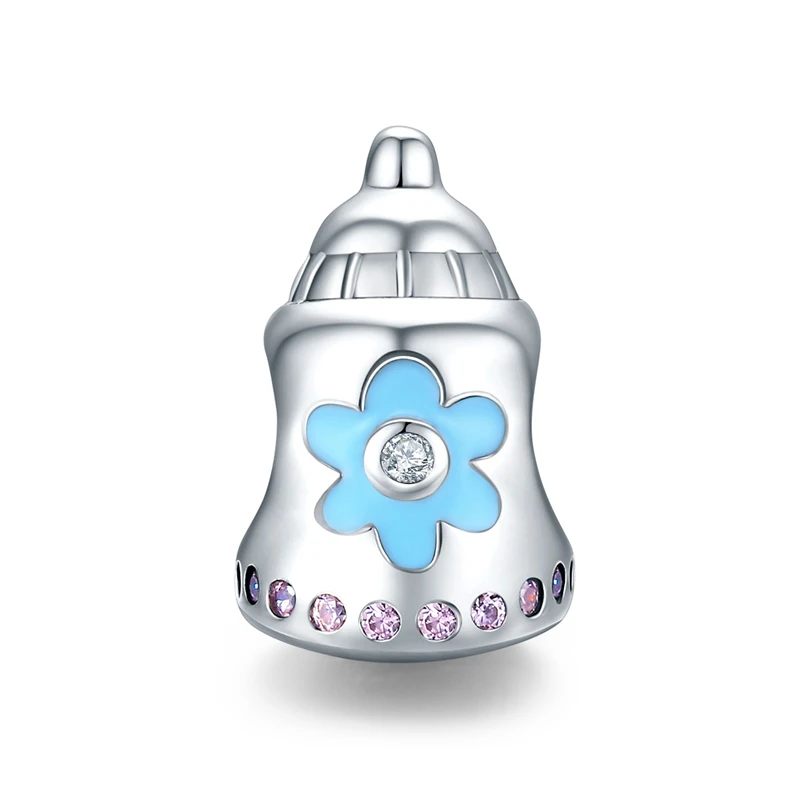 

925 Sterling Silver Baby Cute Blue Flower Enamel Baby's Bottle Charm for Original Bracelet Silver 925 Jewelry