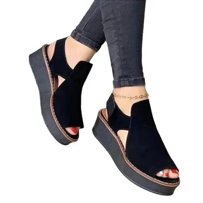 

2021 summer new flat sandal women platform fish toe shoe size 43 hollow casual large shoes, As shown in figure