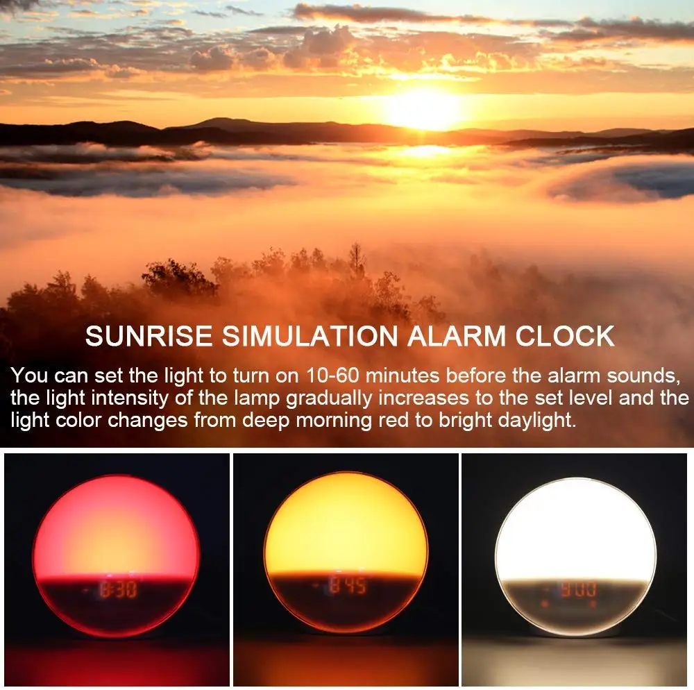
Hot selling Wake Up Light Alarm Clock with Sunrise Sunset Simulation Dual Alarms Snooze Radio 7 Natural Sound USB Charging port 