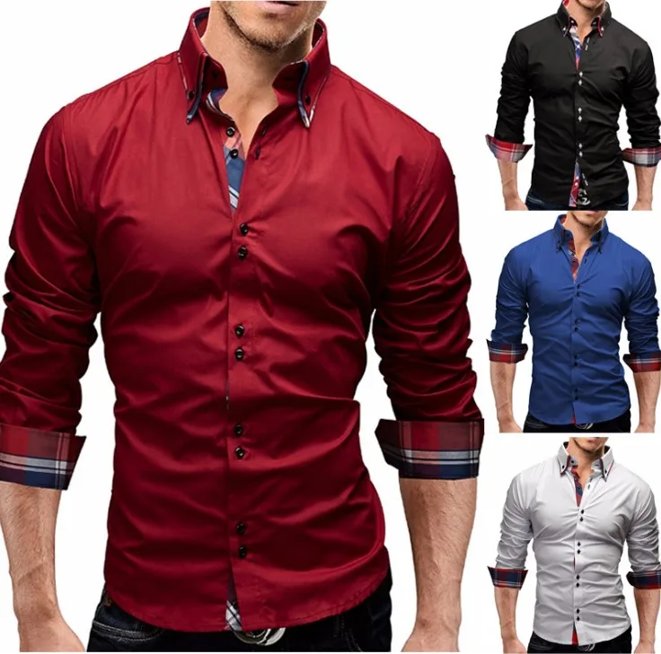 

hb10693a Spring 2019 new classic men's shirt fashion colour checked men's double collar casual long-sleeved shirt, White, black, red, sapphire, navy