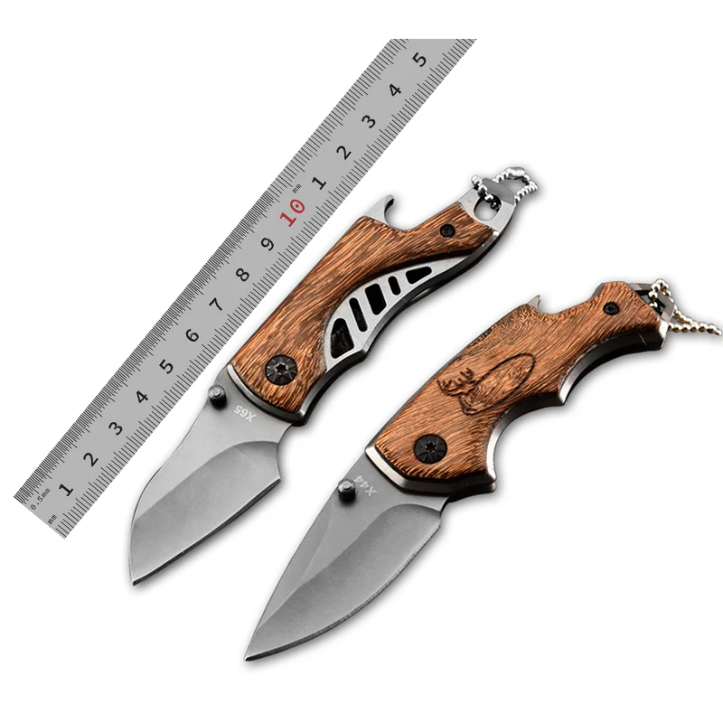

Custom carved premium olive wood handle folding outdoor camping gray titanium small pocket knife keychain