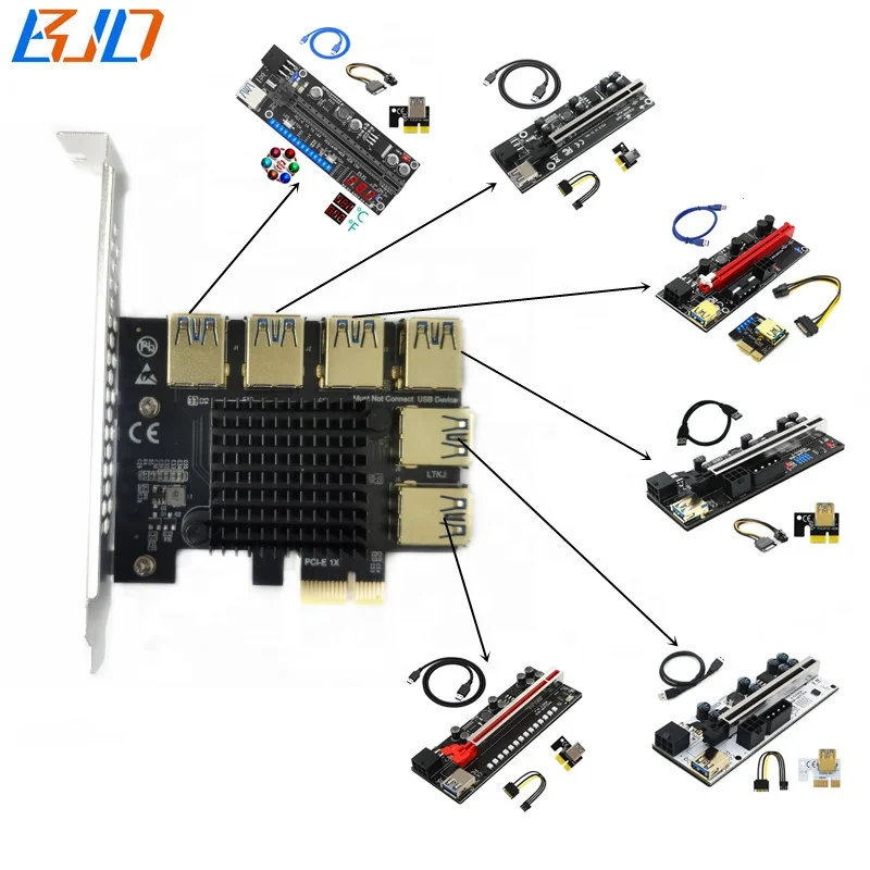

PCIE 1 To 6 GPU Risers PCI-E 1X To 16X USB 3.0 Adapter Multiplier Expansion Card for Graphics Card Rig Frame, Black