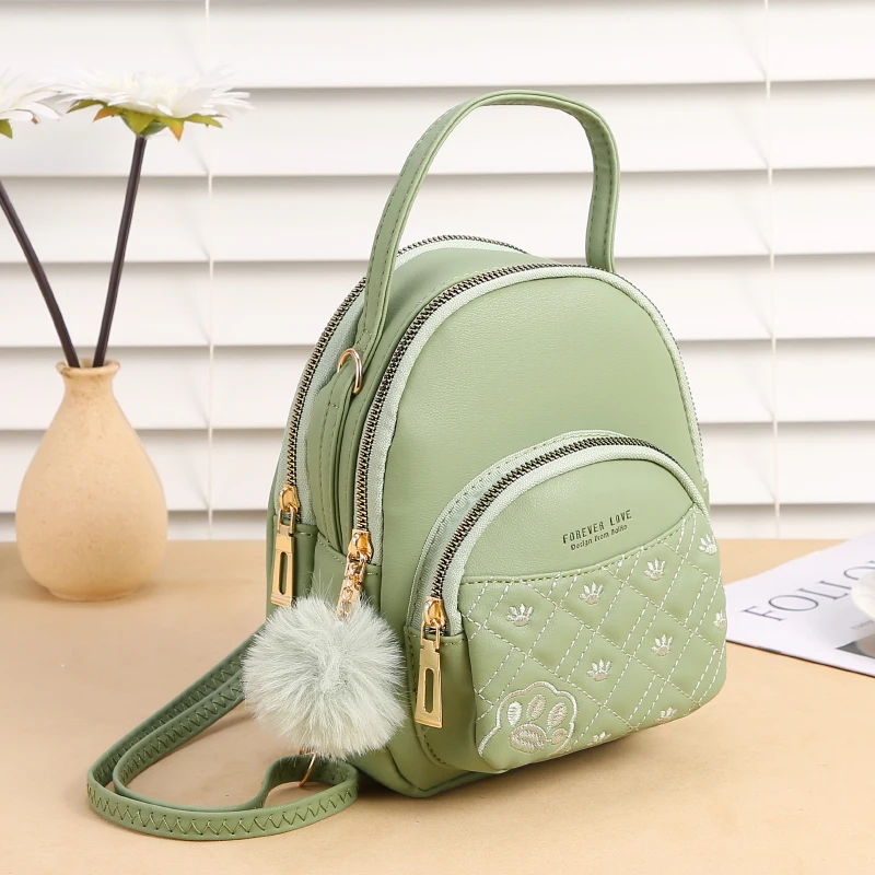 

Women backpack school girl lovely fluff ball PU leather bag for ladies trend three layers mini backpack students daily handbags