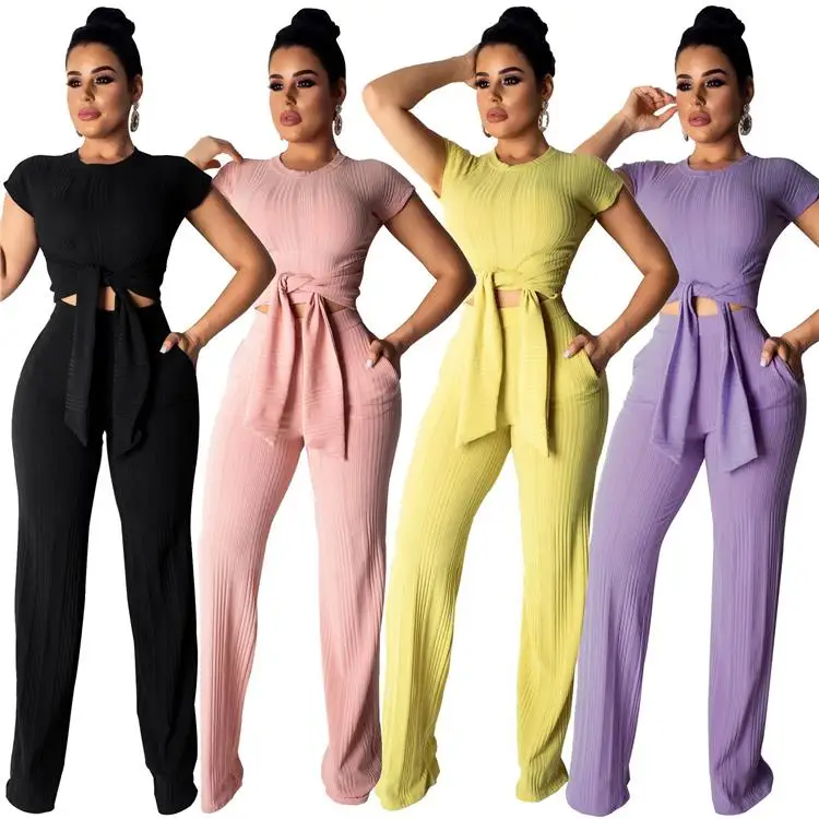 

2020 Plain Color Short Tops Long Pants Stretchy Lady Casual Boutique Clothes Summer Women 2 Piece Set