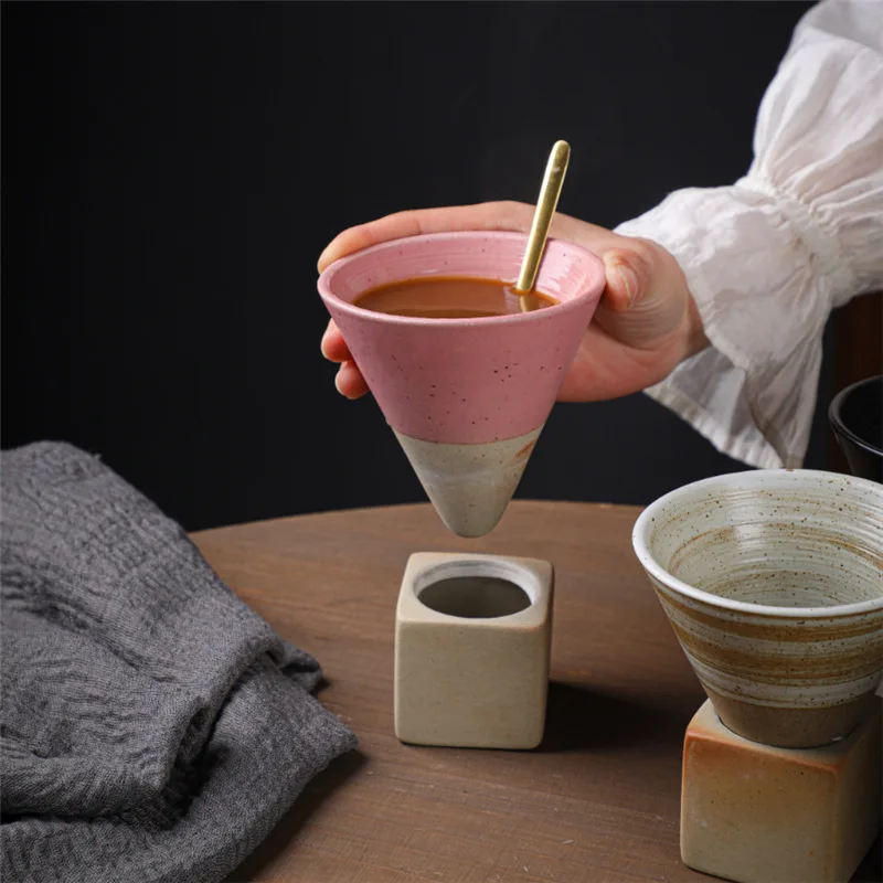 

Handmade Kiln with Base Funnel Shaped Cup and Saucer Set Ceramic Coffee Cup and Saucer Set Vintage Coffee Cup