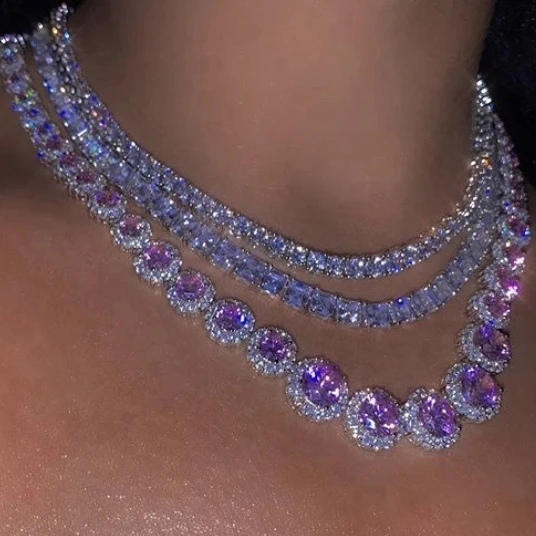 

Luxury Large Chain Link Necklace Woman Pink Diamond Choker