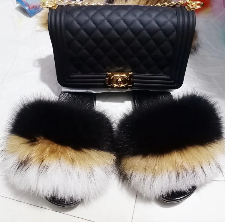 

Graffiti Purse Bags With Matched Colorful Real Fox Fur Slides Set