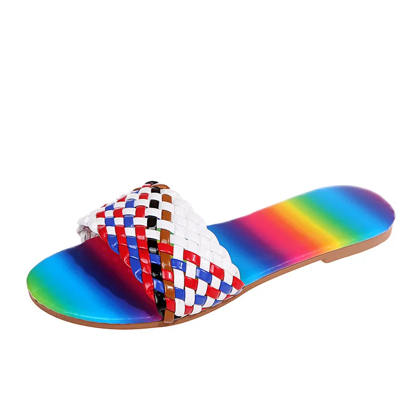 

Dropshipping Ladies Fashion Slippers Color Combination Plus Size Woven Open Toe Rainbow Women Summer Flat Slippers