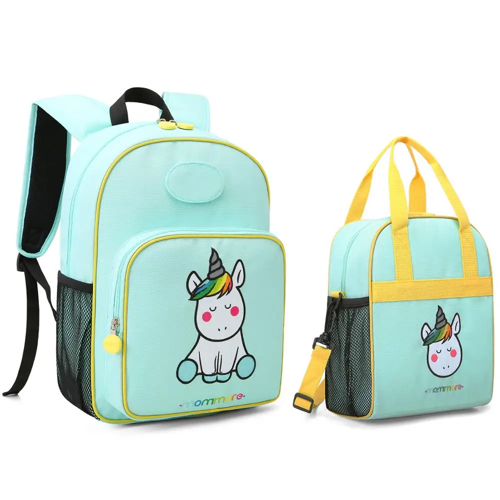 

Wholesale cute kids girls boys cartoon unicorn backpack children school bag set with lunch cooler bag, Green/pink/purple