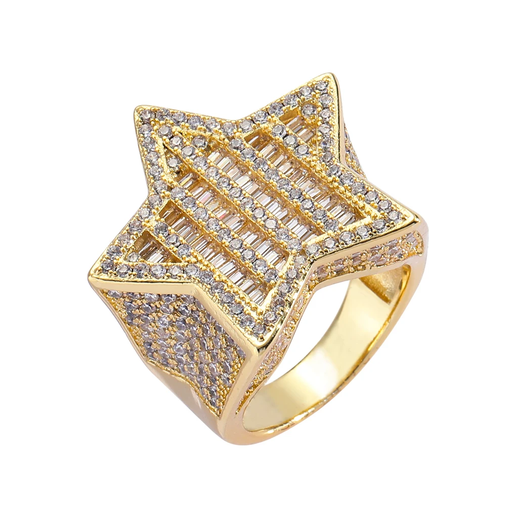 

New Rings Men Party Jewelry Micro Paved CZ Stone Gold-Plated Brass Chunky Rings Iced Out Cubic Zirconia Hip Hop Star Ring, Gold silver