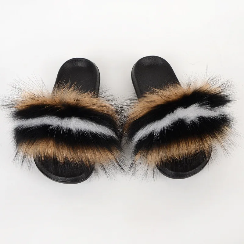 

real fox fur slippers big fluffy furry raccoon sandals women wholesale PVC soles soft fur slides, 70 colors