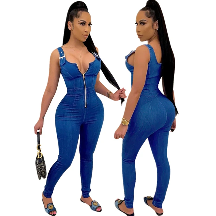 

Print Logo 2021 amazon hot sale summer solid color zipper high elasticity denim jumpsuit romper women, Picture shown