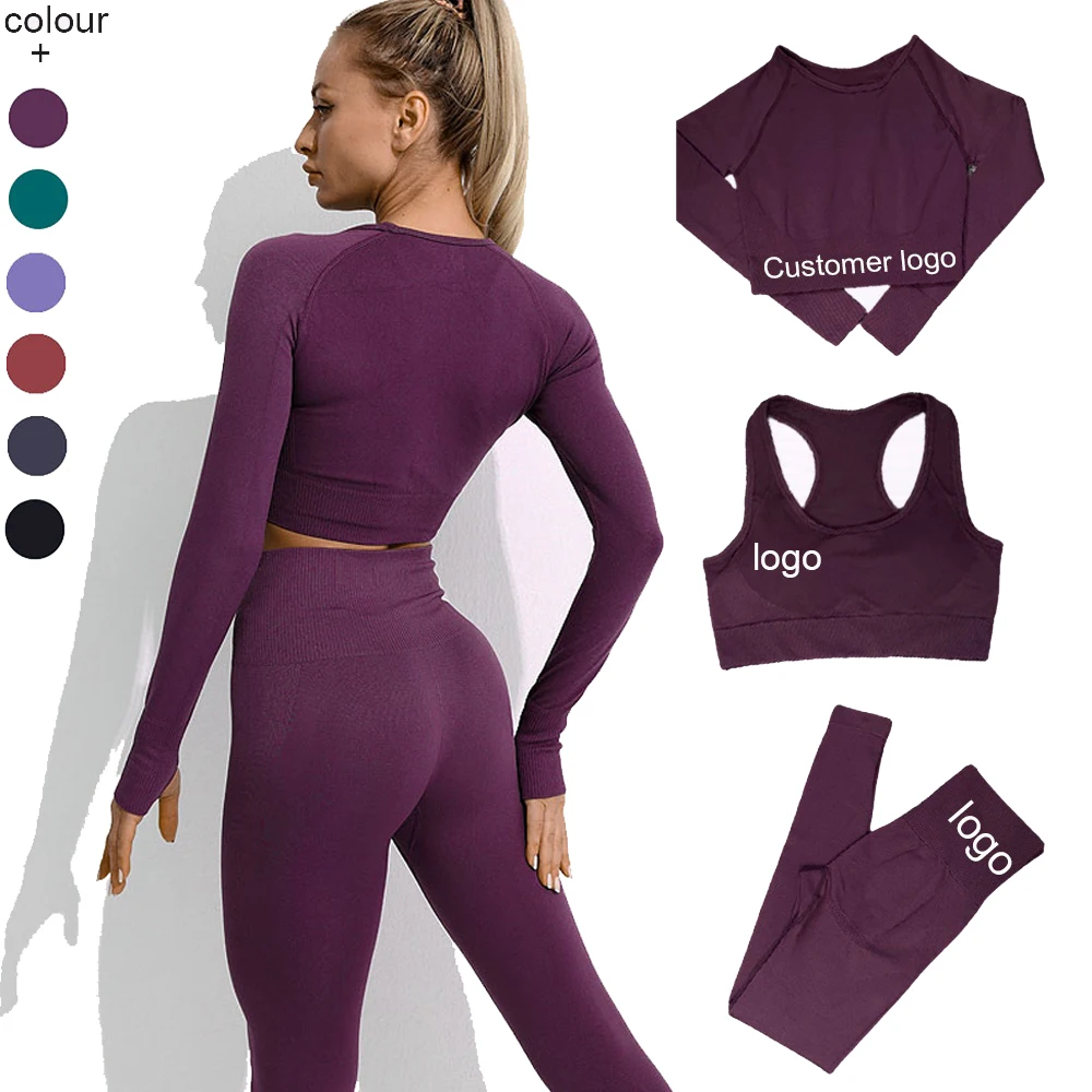 

Customer logo Gym Clothing Workout Long Sleeves 3 Piece Seamless Activewear Purple Yoga Set Fitness Sport Suit for Women, As shown