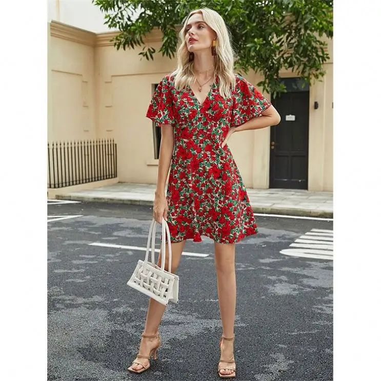 

OLIVE Fashion 2021 Dresses Women Summer Safflower V Neck Short Sleeved Dress Floral Elegant Women's Dresses