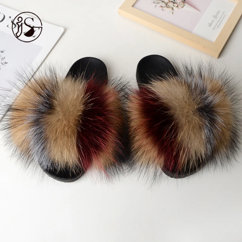 

New design colorful fur slides women slippers real fox fur slides soft and warm slippers high-end genuine lady fox slipper, Picture
