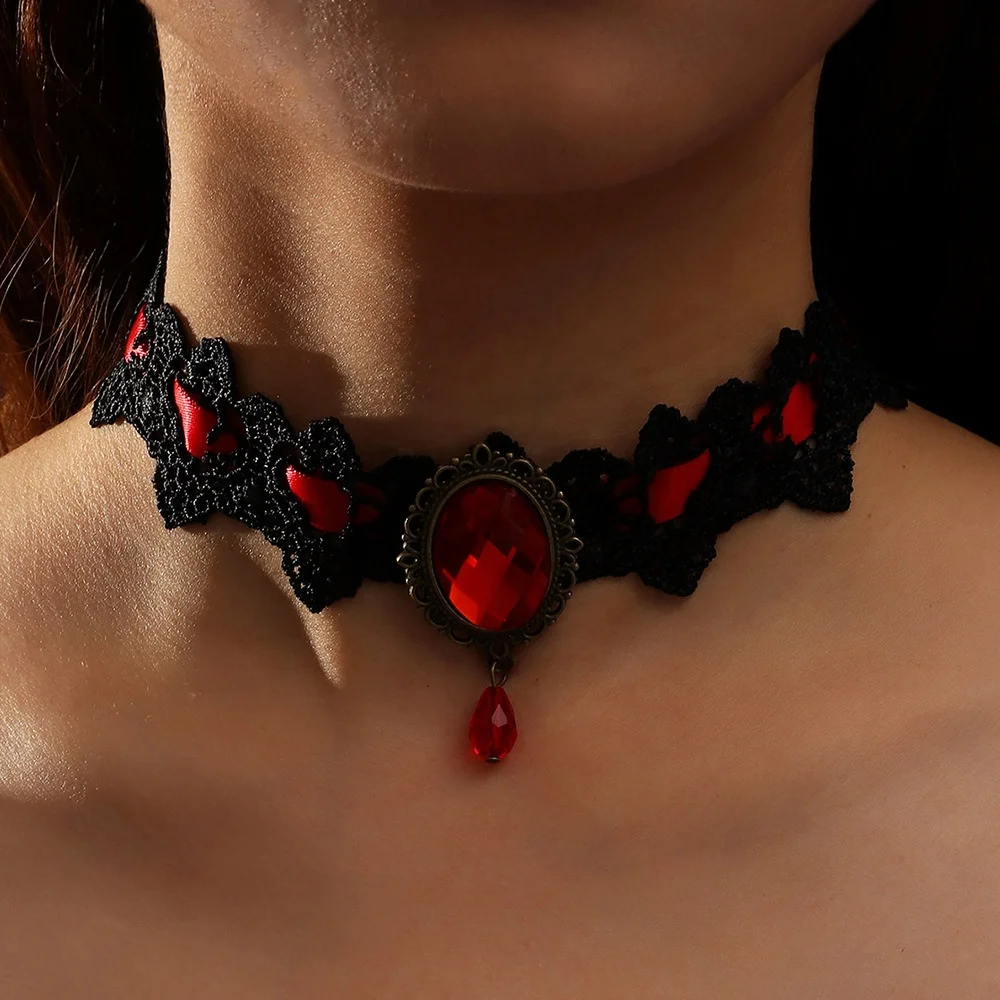 

Halloween Gemstone Jewelry European Gothic Choker Lace Neckband Collar Lace Choker Lady, Red,purple