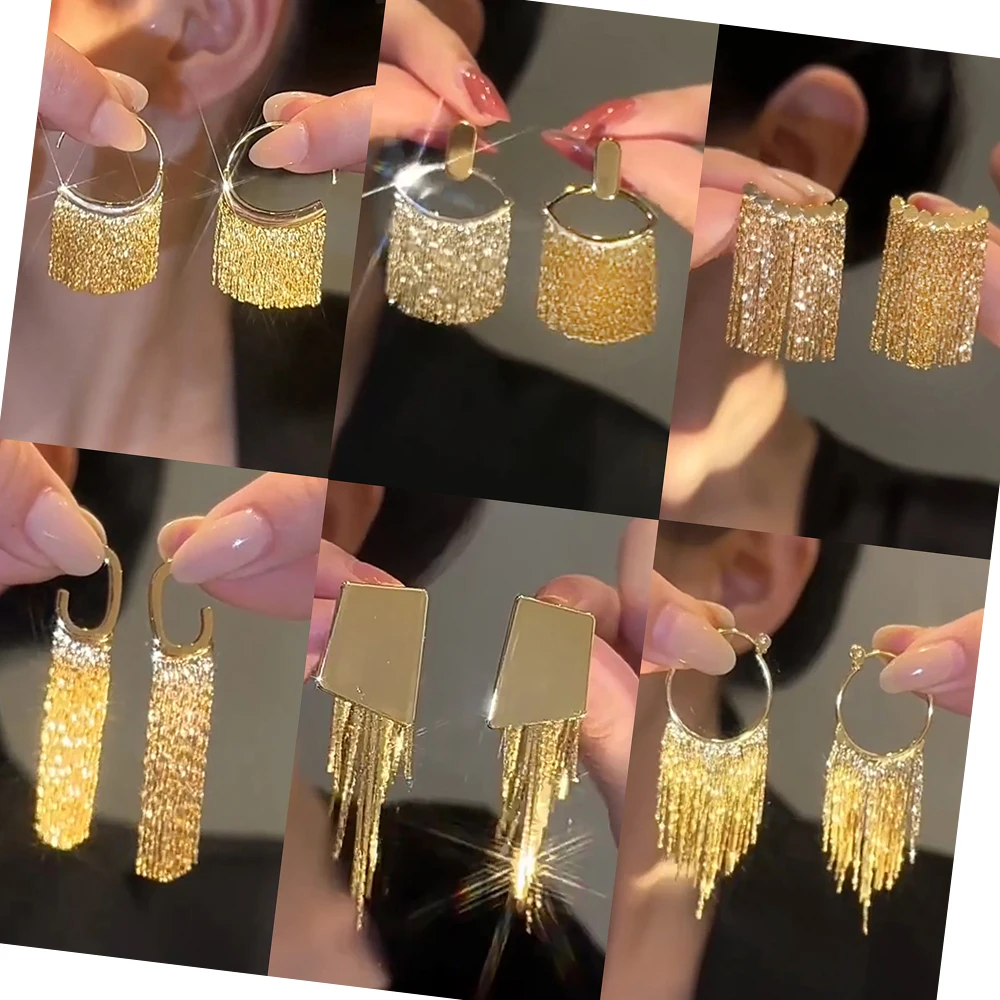 Fashion Long Metal Chain Bling Statement Gold Color Tassel Earrings for Women Wedding Daily Hot Selling Jewelry Pendant Gift