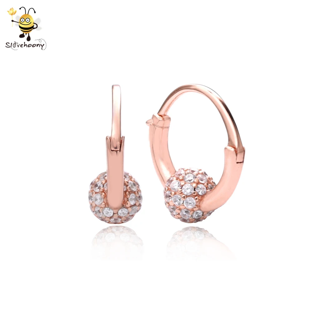 

Real 925 Sterling Silver Women Ear Rings Shine Rose Pave Bead Hoop Earrings Female Luxury Jewelry