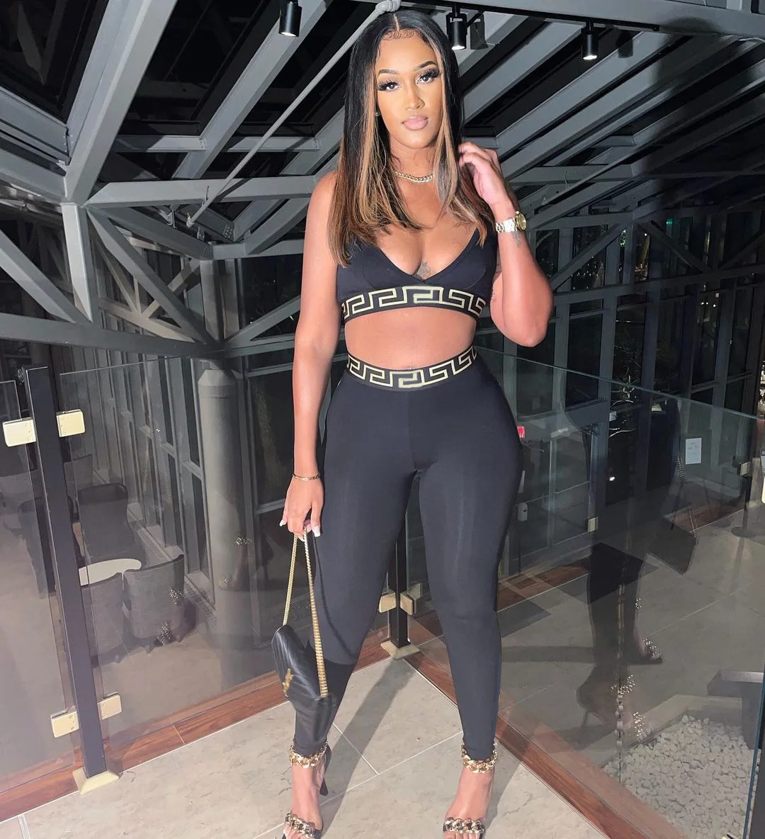 

2022 New fashion Vintage Print Deep V Neck Sleeveless Crop Top Long Pants Soft Matching Women 2 Piece Set