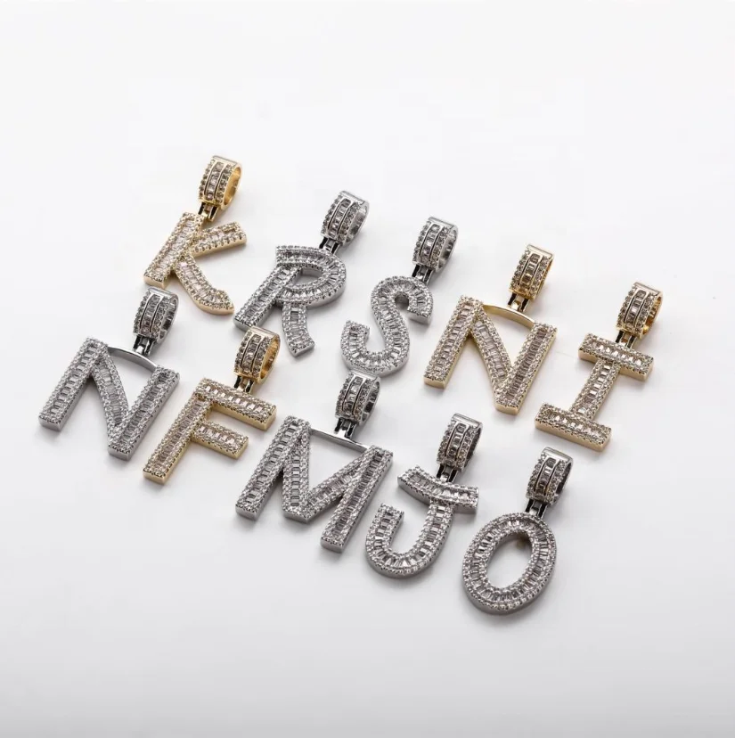 

Iced Out Zircon Baguette A-Z English Letter Pendant Custom Initial Name Necklace