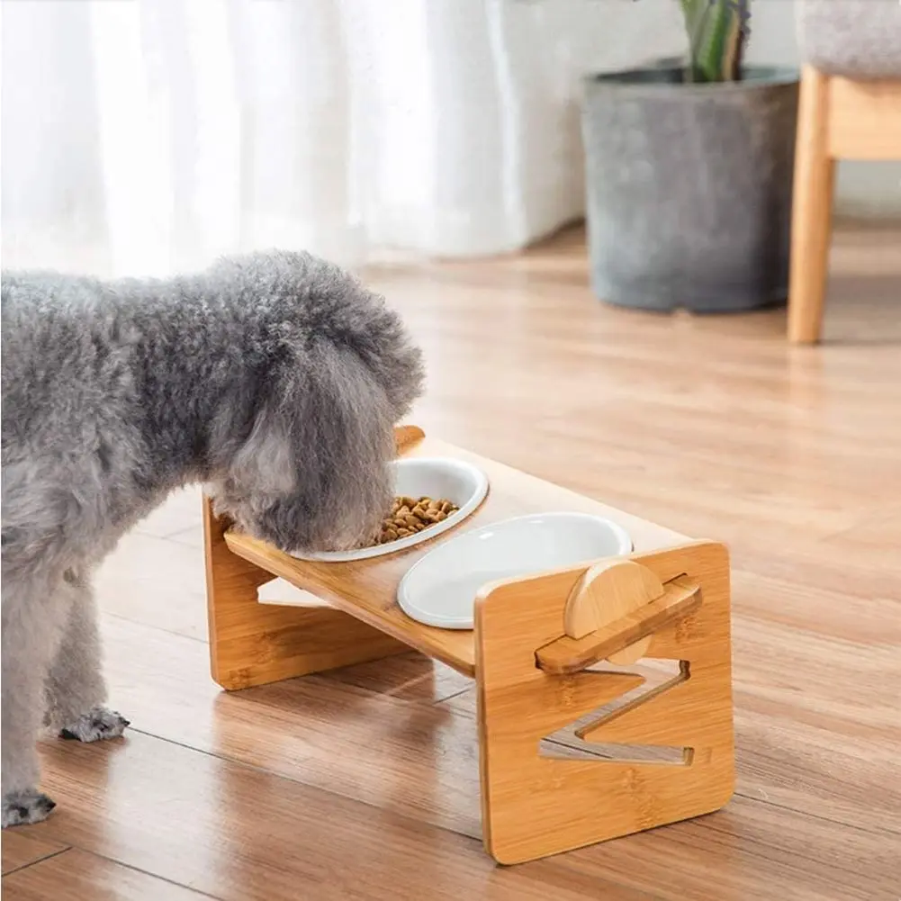 

Elevated Heights Adjustable Bamboo Food and Water Dishes Wooden Stand Puppy Pet Cat Neck Care Raise Stand Pet Dog Bowls, Picture