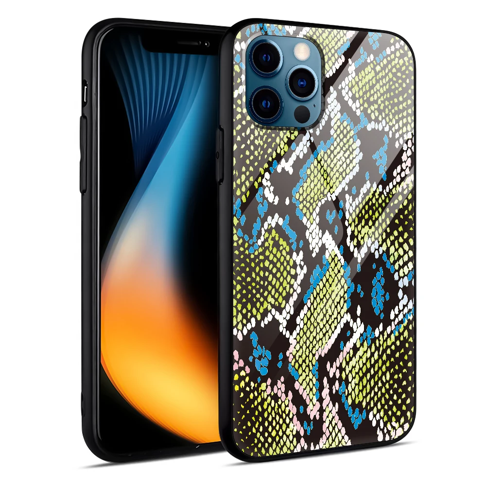 

custom shell Snake skin design For iPhone 12 11 Pro Max X XR case 7 8 Plus Cover 2021 temper glass phone case, Can be customized