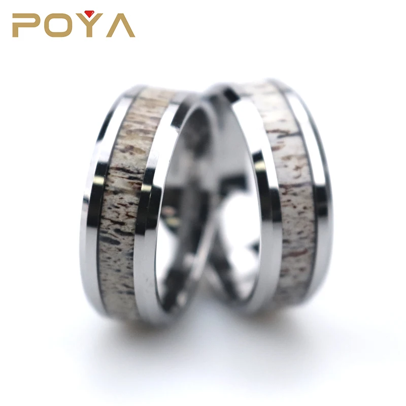 

Custom Logo 8mm Beveled Edge Polished Silver Tungsten Ring With Deer Antler Inlay