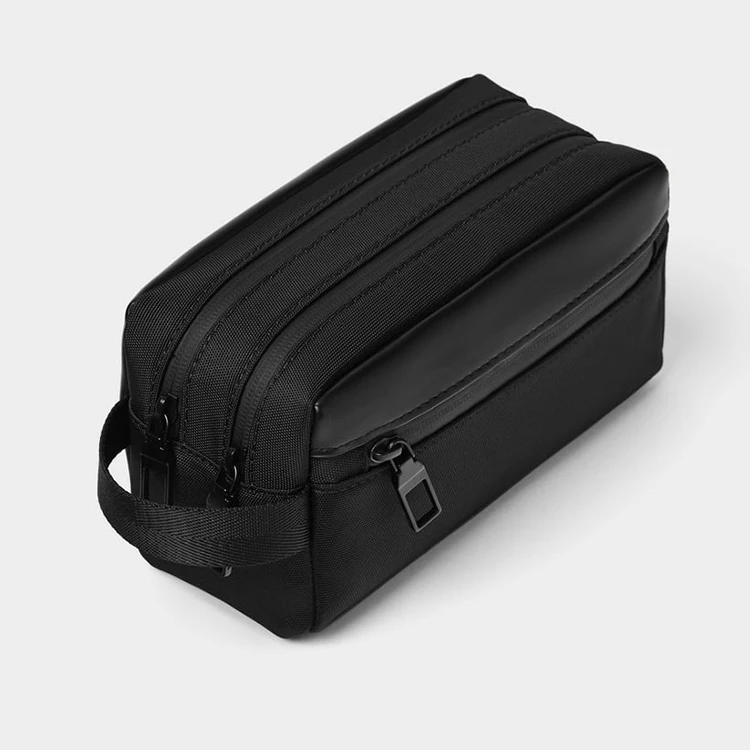 

Customized Personal Branded Logo Makeup Vanity Organizer Black Eco Friendly Linen Unisex Cosmetic Bag With Handle