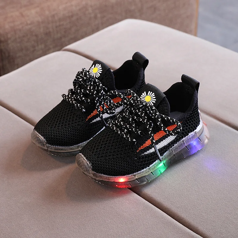 

High-quality Toddler Kids Shoes Fly Knit Children's Casual Shoes Led Light Sports Shoes, Black pink grey orange