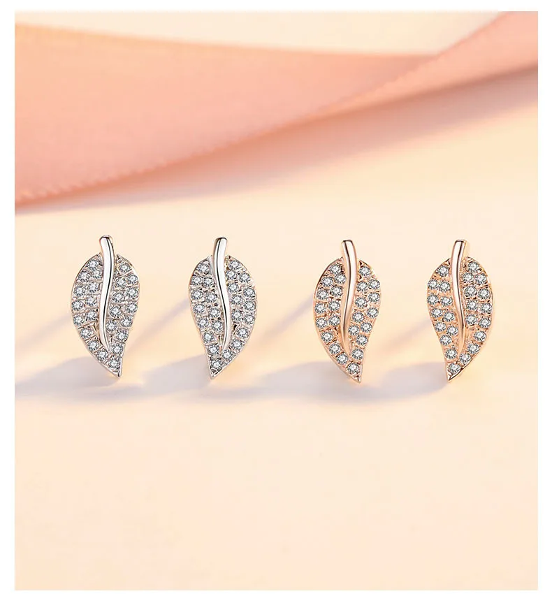 925 Sterling Silver Crystal Leaf Earrings Women Simple Fashion Wedding Jewelry Accessories