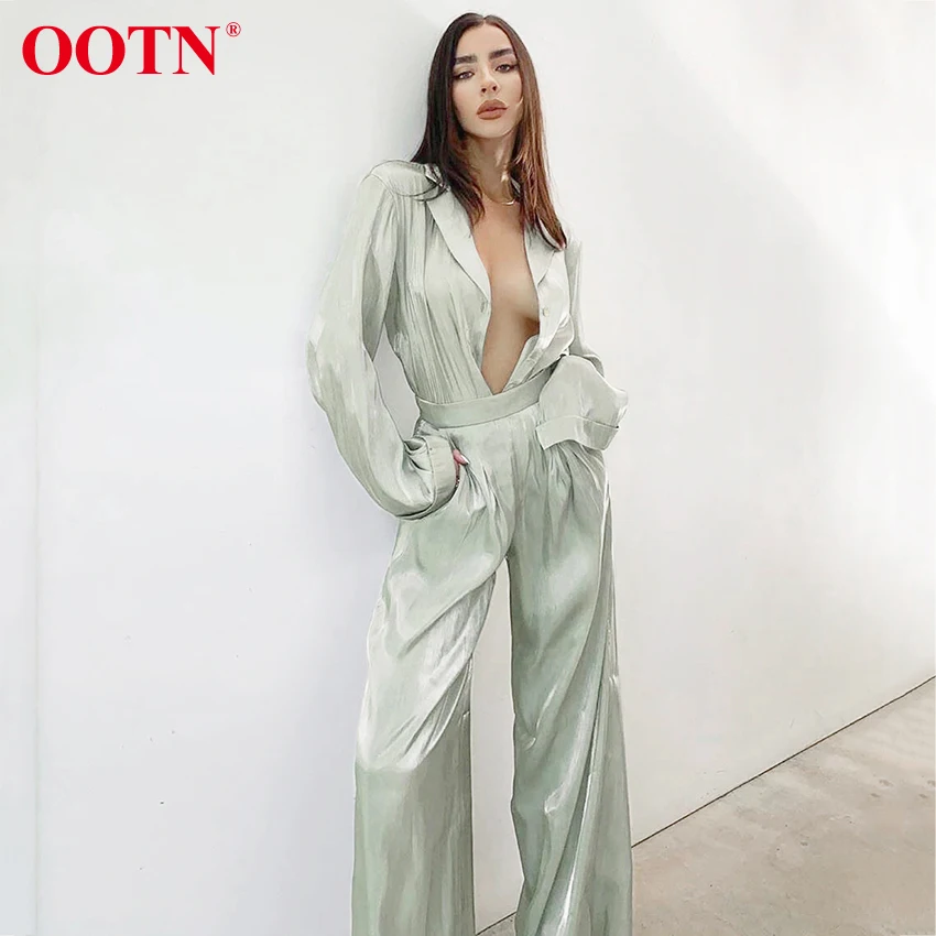 

OOTN Women Casual High Waist Wide Leg Pants Green Long Sleeves Blouse Women Shirt Female Elegant Loose Two Pieces Set Trousers