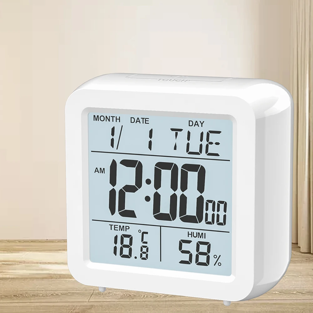

Digital Desktop LCD Snooze Calendar Alarm clock White Bedroom Watch with Thermometer & Hygrometer for Home Battery Operated