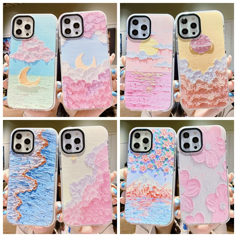 

Beautiful Oil Painting Style Phone Cases For Iphone 12 Pro Max 11 XR XS X 8 7 Soft TPU Colorful Flower Paint Color Ink Cover, As picture