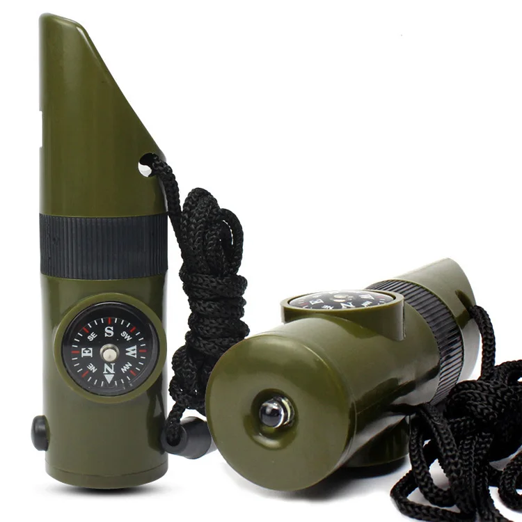 

7 in 1 Mini Flashlight Magnifier Tools SOS Survival Kit Camping Survival Whistle With Compass Thermometer, Olive green