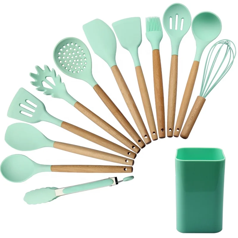 

Amazon Hot Selling silicone cooking utensils 12pcs Kitchen Tools Silicone Set wood handle, Green