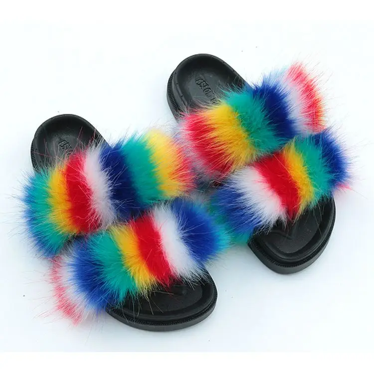 

Hot Sell Luxury Fashion Winter Non-slip Faux Fur Sandals Women Slippers New Arrivals 2021, Rainbow /solid