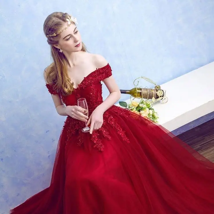 

PZF Ladies Formal Dress Patterns Off Shoulder Red Wedding Dress Bridal Gown