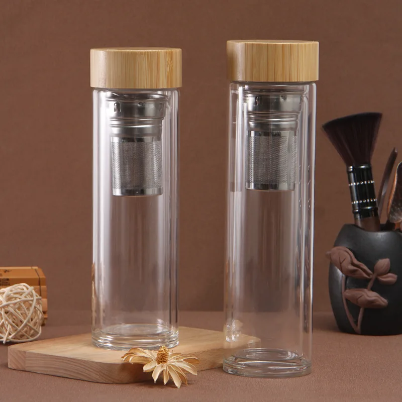 

High Borosilicate Double Wall Tea Fruit Infuser Glass Water Bottle with Strainer Filter Bamboo Cover