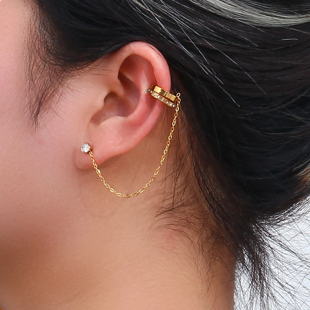 Elegant Zircon Clip on Stainless Steel Chain Earring Gold Plated Women Jewelry Ear Cuff Earrings