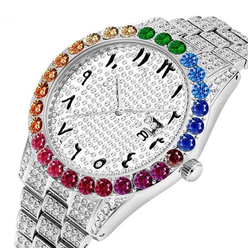 

Big Rainbow Diamond Men Hip Hop Watch Luxury Bling Iced Out Gold Pink Silver Wrist Watches