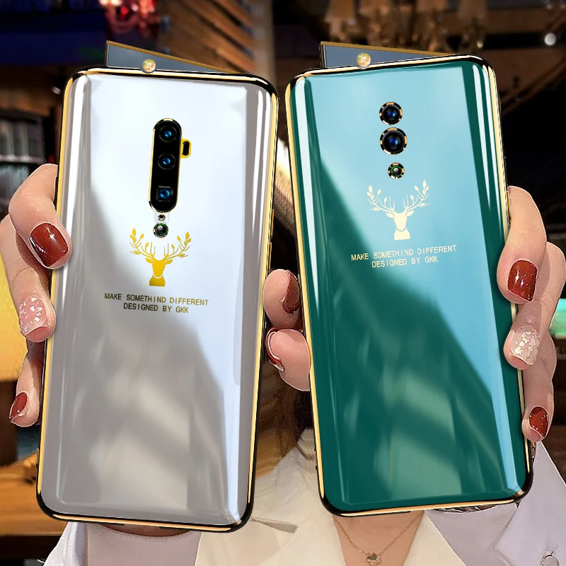 

Plating For OPPO Reno 3 4 5 2 10X Zoom Case Curved Surface Elk Pattern Lifting Soft Protective Cover For Reno 2 10X Zoom Coque, 2 colors