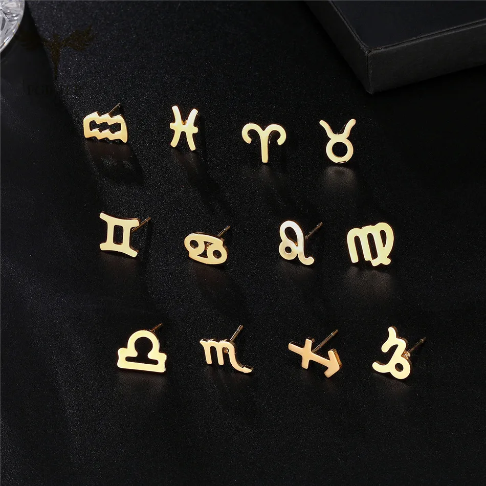 

12 Twelve Constellation Pendants Symbol Fashion Delicate Aesthetic Design Jewelry Zodiac sign Stud Stainless Steel Earrings, 2colors fyi