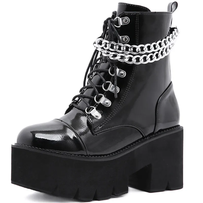 

Dropshipping Custom Logo Women Street Style Boots Waterproof Platform Metal Chain Boot Autumn Fashion Lady Ankle Shoes